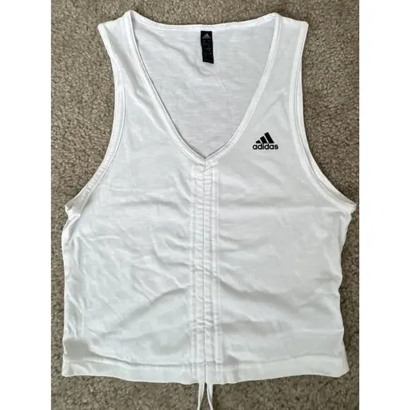 Adidas Womens White Cropped Tank Top Drawstring Hem Athletic Workout Small - Picture 2 of 12